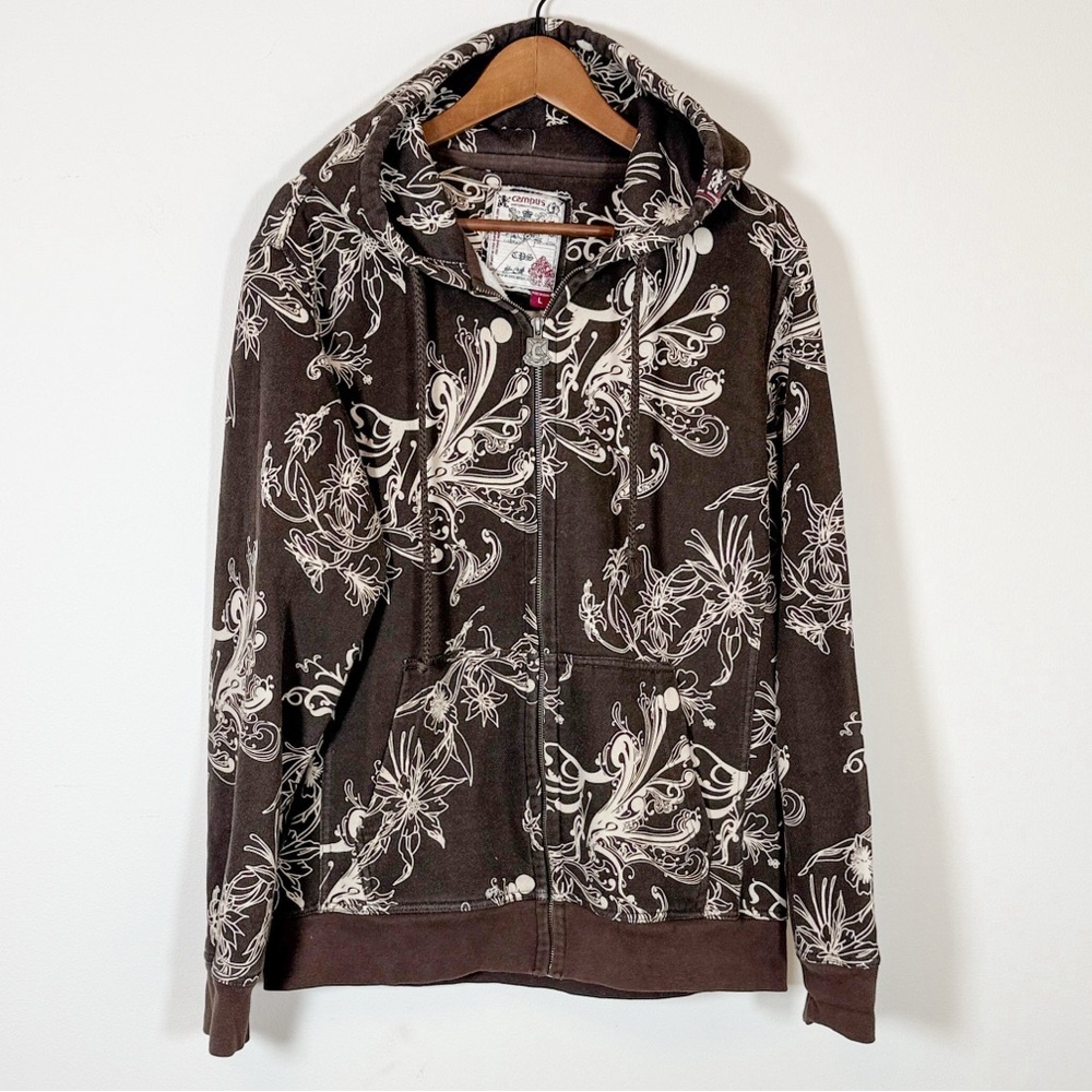 Campus Brown Baroque Zip Hoodie Fleece Lined Y2K Streetwear Men L